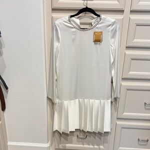 Pearl-Trim White Pleated Hem Mini Dress